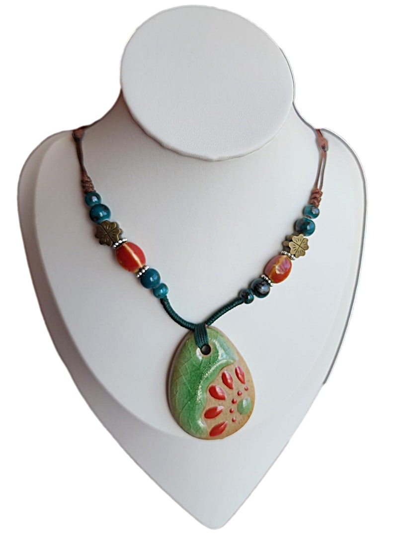 Painted / Glazed Stone Pendent w/ green and orange beads - 11" (1 of 2)