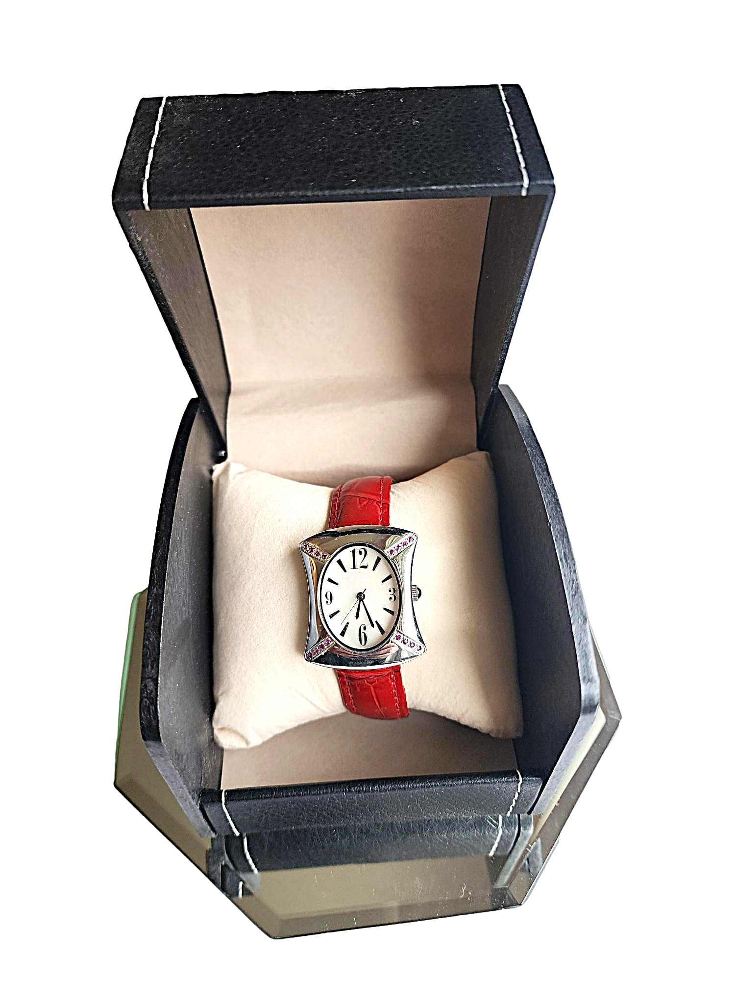 Woman's Fashion Watch with Red Crystals and Leather Band (1 of 4)