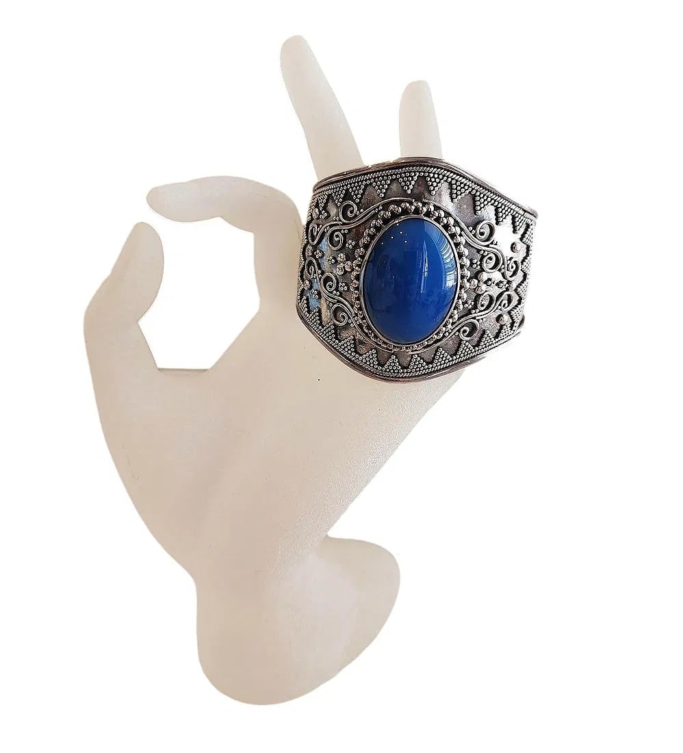 New Large Sterling Silver Cuff Bracelet with Blue Oval Cabochon Stone - 2 3/8" (1 of 2)