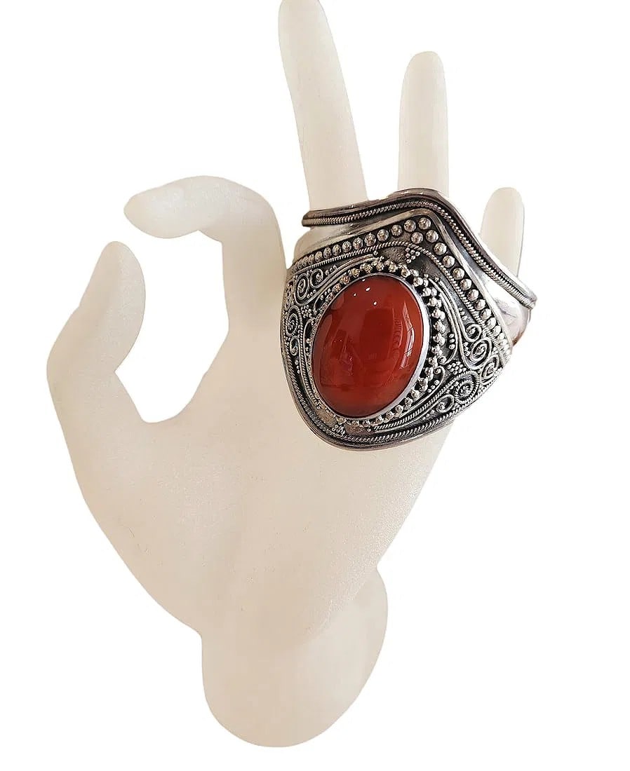 Large Sterling Silver Cuff Bracelet with Red Cabochon Stone in the center. - 49.7 grams (1 of 3)