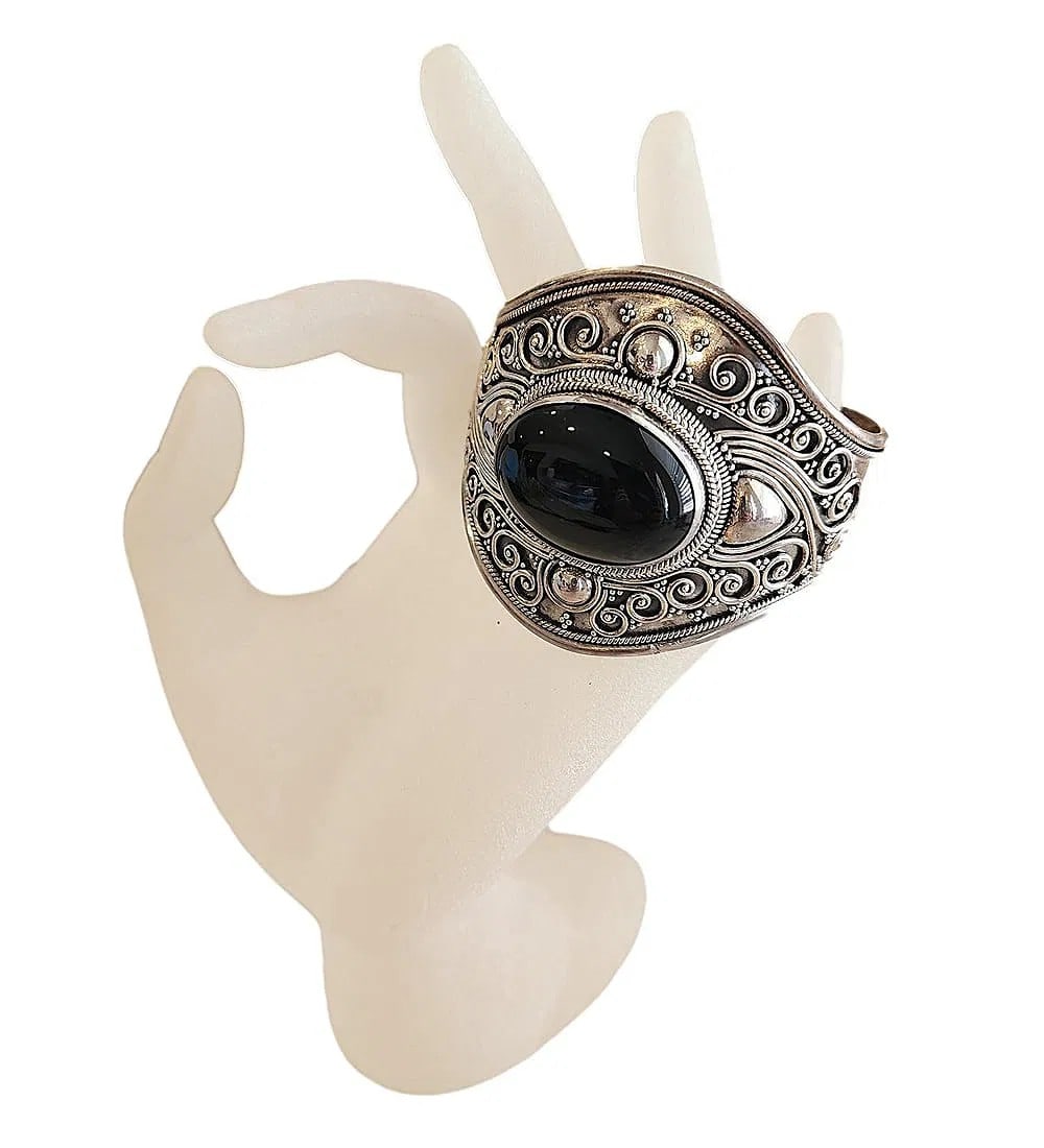New Large Sterling Silver Cuff Bracelet with Black Onyx Cabochon Stone. - 2 1/4" (1 of 3)