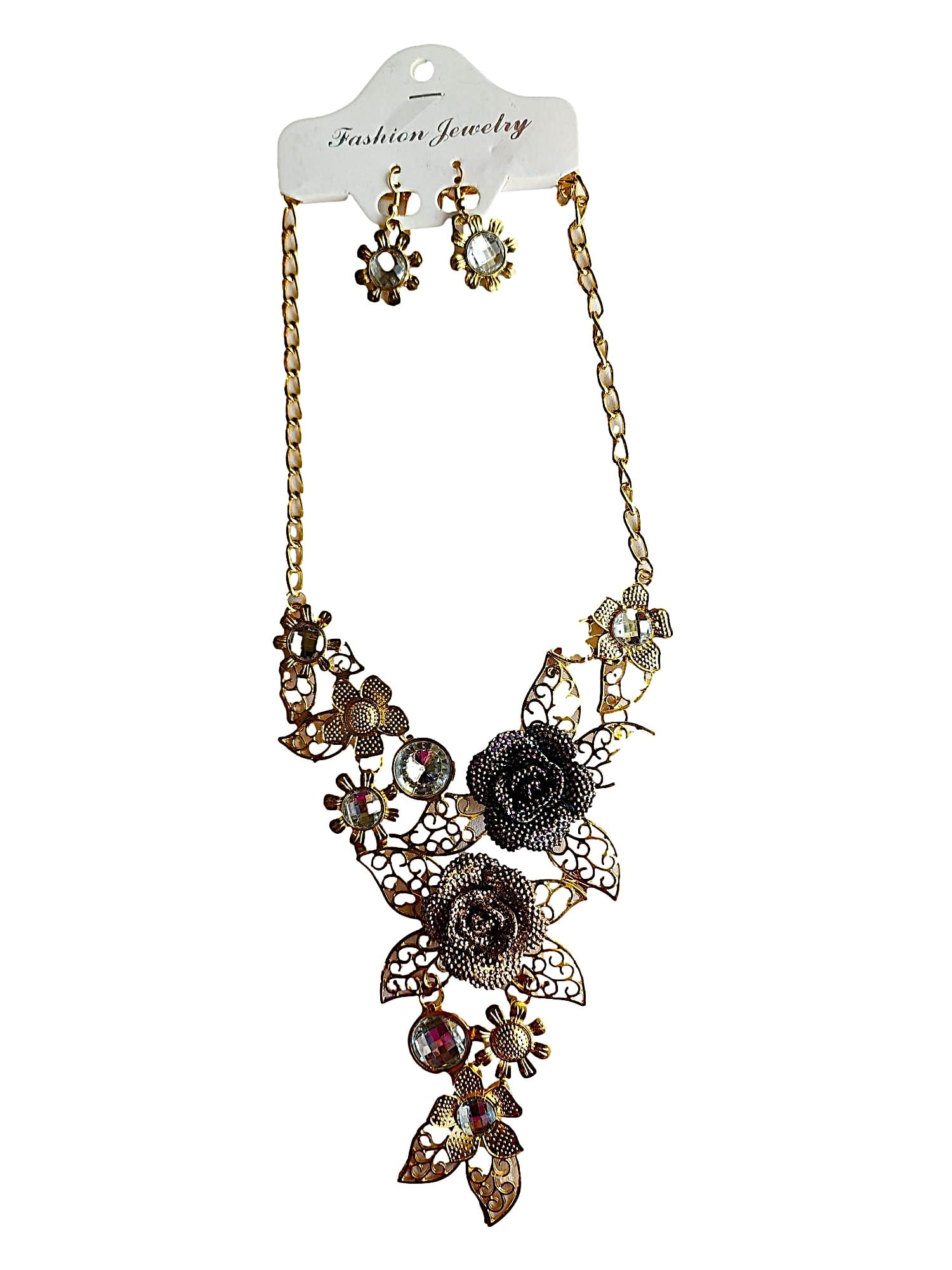 Intricate Metalwork Necklace & Earrings Featuring Roses and Crystals - NWT (1 of 3)