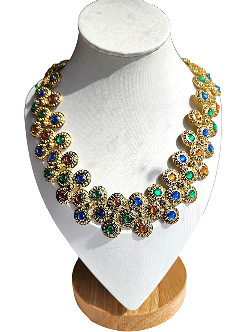 Vintage Acrylic Stone And 14k Gold Plated Necklace - Approx. 18": An Estate Piece. the metal tests as 14K plated. The acrylic stones are vibrant Blue, Orange, and Green. Very ornate and detailed metal work. The necklace measures 18" Long and 1 3/16 " wide. The closu