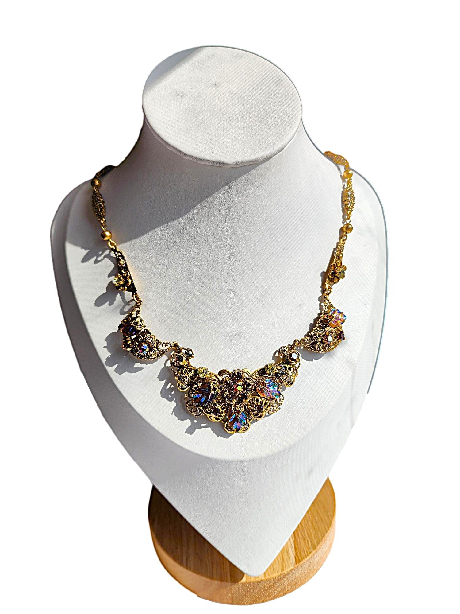 Vintage Elegant Necklace with elaborate metal work and Yellow/Amber/ and Mystic Crystal features. (1 of 3)