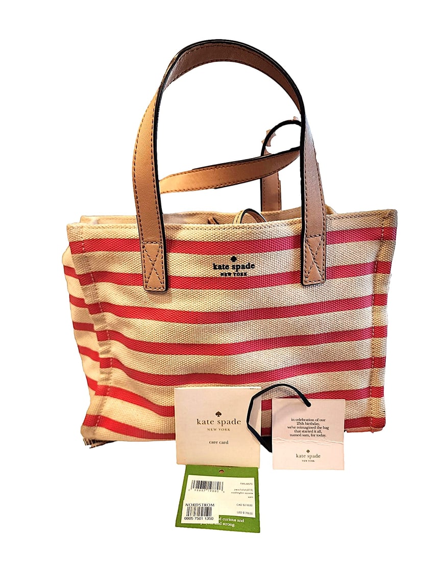 Kate Spade Pink and White Stripe Canvas Tote: This was my first designer handbag. It is a simple Kate Spade Canvas Tote. Given that it was used everyday - it is still in good condition. I do not have a dust bag for this one. I do have the care bo