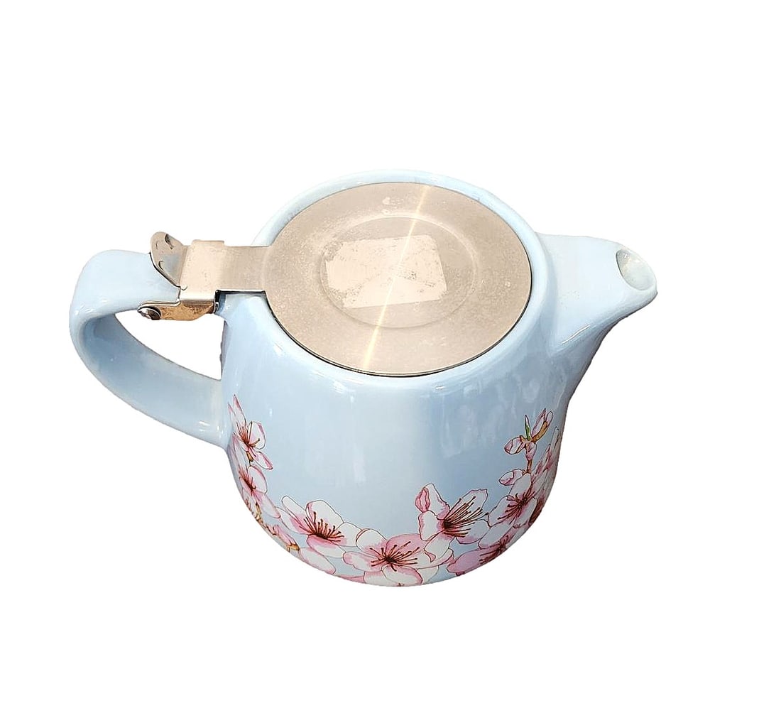Alfred Blue 2-service teapot with Pink Apple/Cherry Blossoms.: Small, 20 oz. - 1 to 2 service teapot by Alfred. Does not include the loose-leaf tea infuser. Soft pastel blue featuring apple/cherry blossoms. measures 4" x 7"