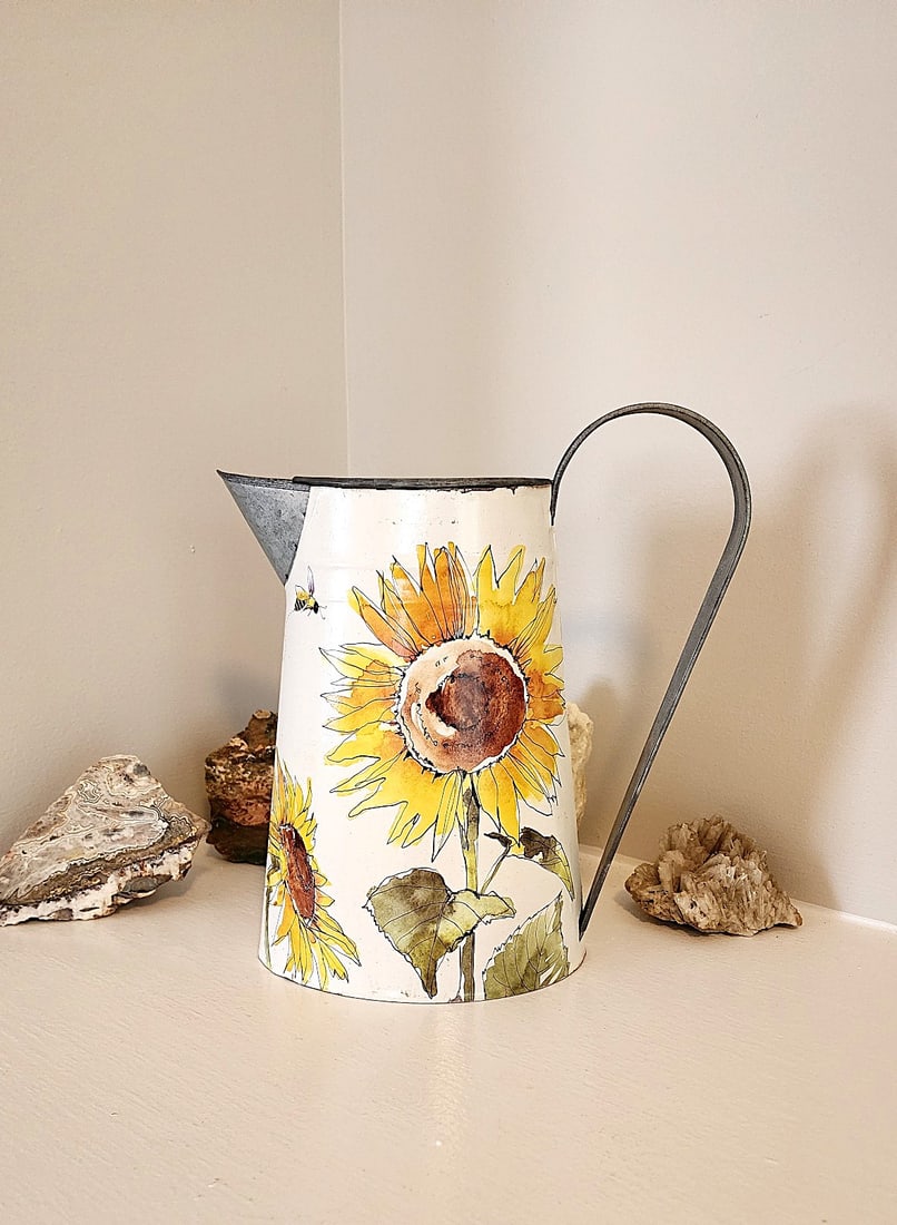 Tall Tin Water Pitcher featuring Sunflowers and Bees (1 of 4)