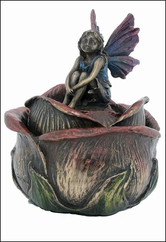 Cold Cast Bronze Trinket Box with sitting Fairy: New - this little trinket/pill box features a sitting fairly on the lid. The bottom is a rose. Measures: approx 2 3/8".