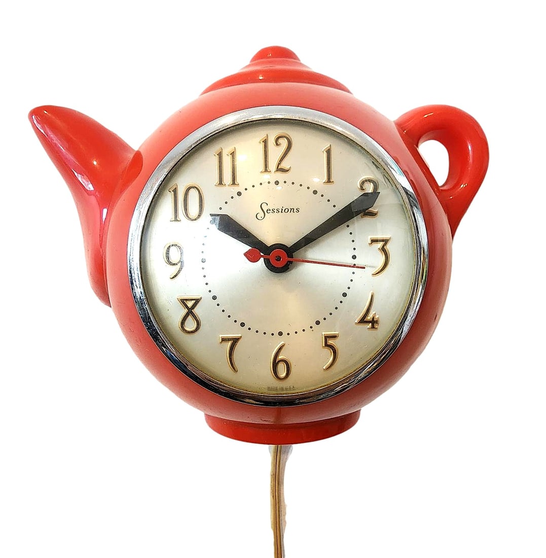 Vintage Session Red Teapot Wall Clock: Previously owned. Working. Charming little wall clock. Red plastic case. Measures: 9" x 8" x 2 1/2.