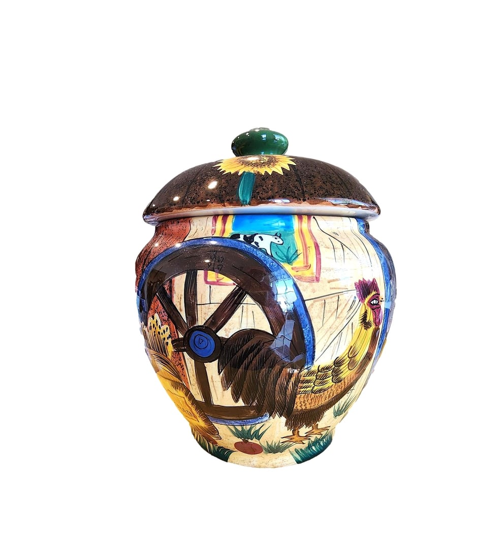 WCL Sunflower State Fair Cookie Jar: This large cookie jar features a rooster and farm themes. Measures: 10 x 10 inches. New Condition.