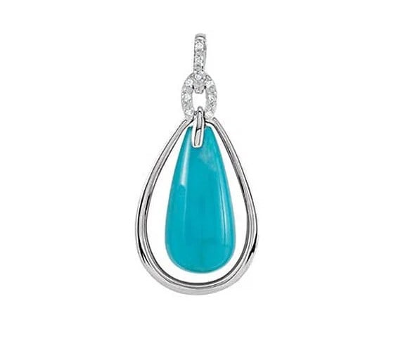 Genuine Chinese Turquoise and Diamond Pendant Necklace: New. This pendant features a teardrop shaped chinese turquoise set in a sterling silver setting with small, diamond chips. 17 x 8 mm. Diamond weight .78. gram weight 1.21 with beautiful twisted