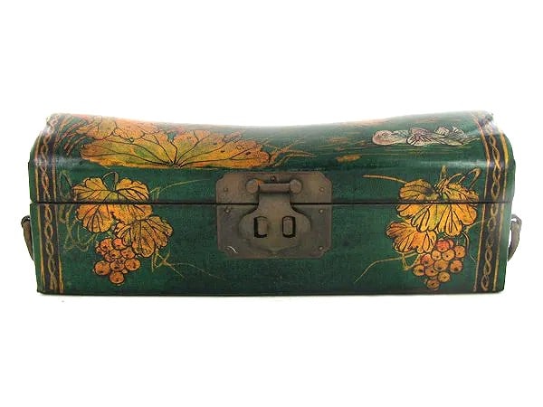 Chinese Leather Covered Wooden Pillow Box - Green: Vintage Pillow Box in Very Good Condition. Used for storage of valuables while sleeping. Measures: 11" long.
