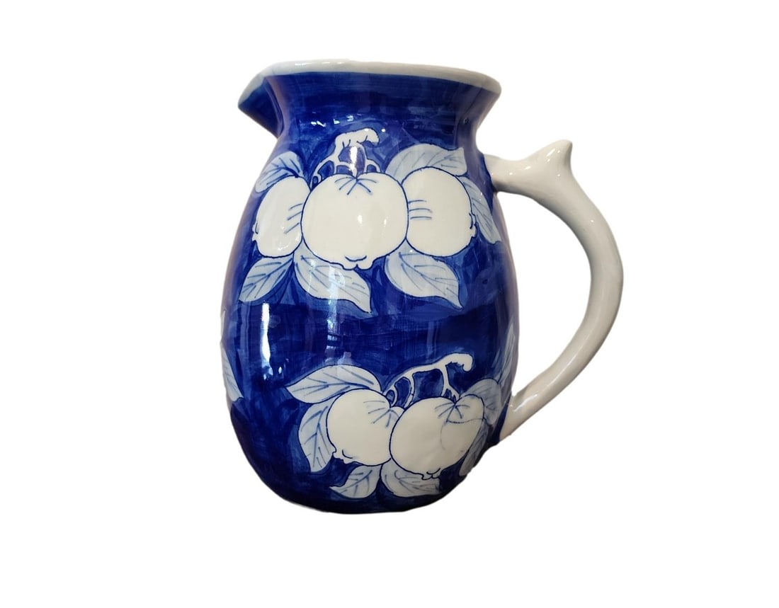Blue and White Porcelain Pitcher featuring Peaches - maker unknown: Very nice Blue and White Tall Pitcher featuring Peaches. In excellent condition. No chips, cracks, or repairs. Measures: 8" x 8"