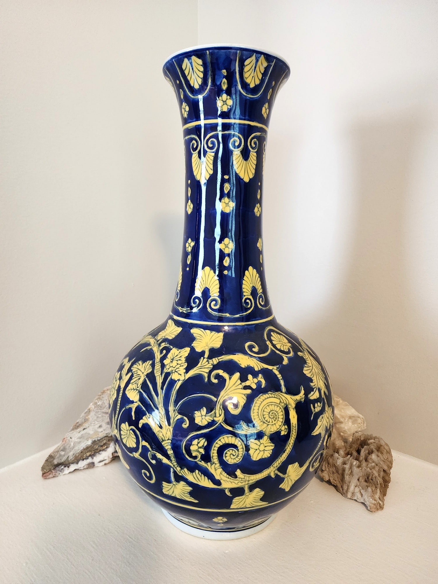 20th Century Cobalt and Yellow Long Neck Vase: This vase is in very good condition. It features a mixture of Cobalt Blue and Yellow color, a long, tall neck with a flared top opening. From a private collection. This vase is large and heavy and wil