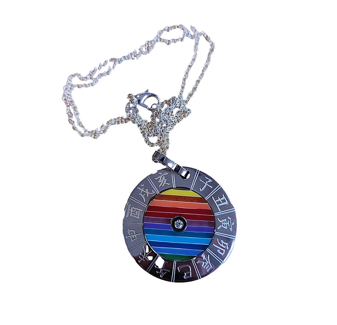 Stainless Steel Rainbow Enamel Pendent featuring the Chinese Horoscope - New: New Pendant with Sterling Silver Chain - 20" The pendant features a rainbow enamel center surrounding a Cubic Zirconia center stone. The Chinese Horoscope is depicted on the outside rim. Pendant is ap