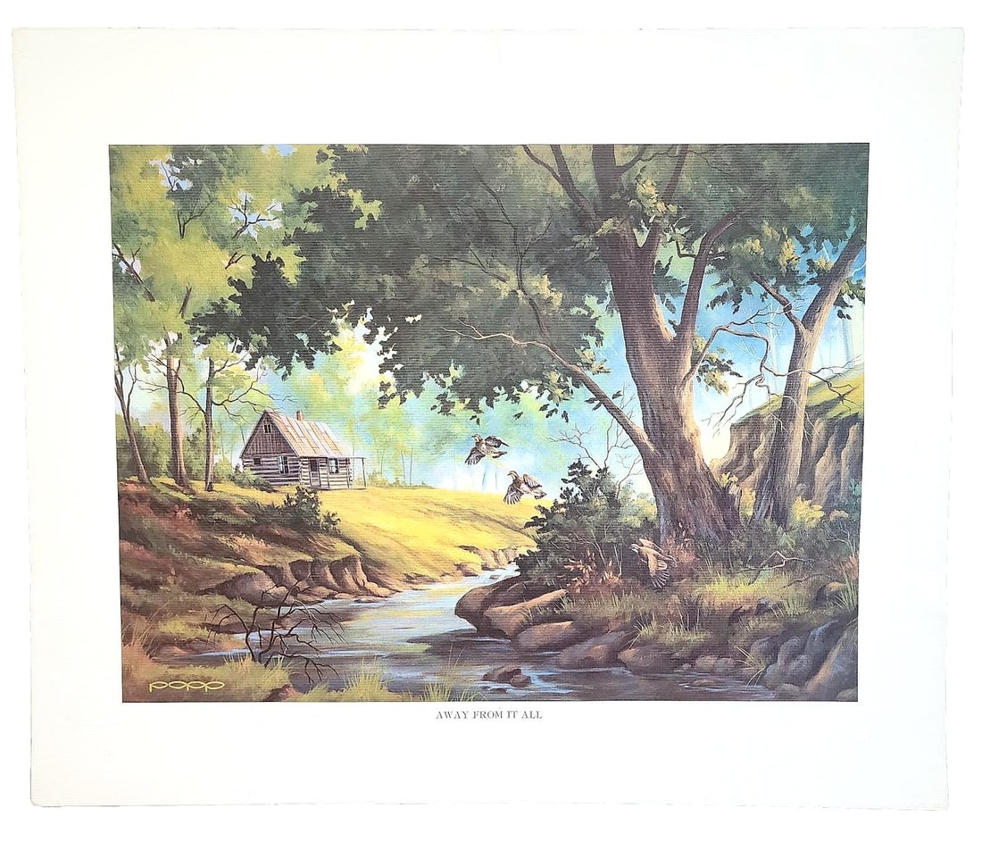 "Away from it All" - Print Art by POPP: Print Art featuring a Cabin along the side of a Stream in the Woods. 3 Grouse birds with 2 in flight. Unframed. From a Private Collection. Measures: 24 x 20".