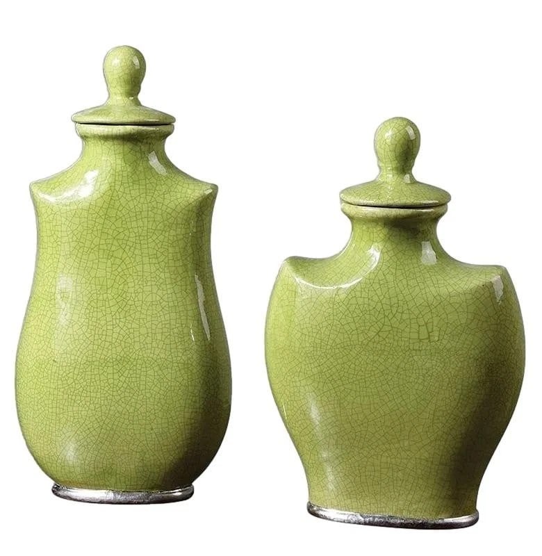 Irwyn Containers SET/2 - Green Crackle Finish - NEW: Designer Irwyn Containers Set/2 - Material: CERAMIC - Overall Depth: 5 Inches - Overall Width: 8.5 Inches - Overall Height: 18 Inches - Weight: 10 Lbs. - Description: Crackled, Bright Green Ceramic