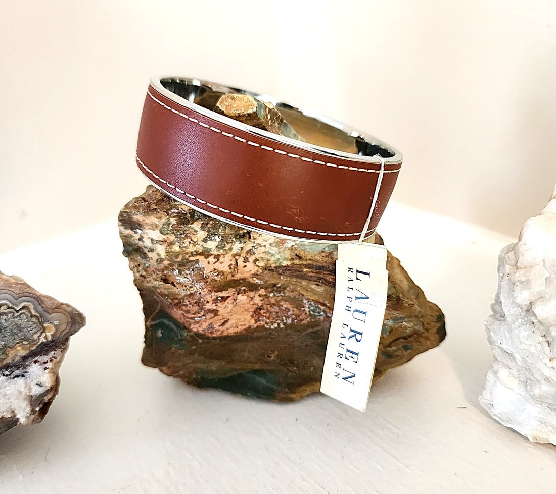 Vintage Ralph Lauren Leather covered Bangle Bracelet - New w/ tags: Silver metal Bangle Bracelet with Leather wrapped surface. Stamped RL on the interior. Original price tag still attached. Inside diameter 2 1/2".