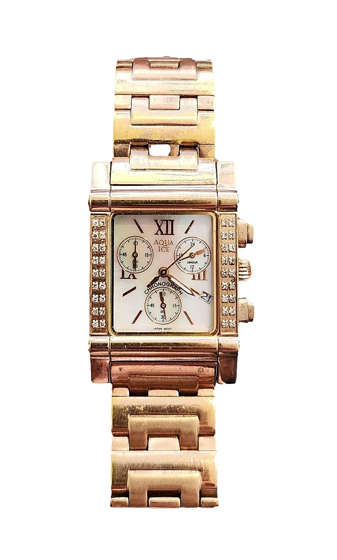 Vintage Aqua Ice Wristwatch. Gold Plated/Diamond Chips and Pearlized Face. (1 of 1)