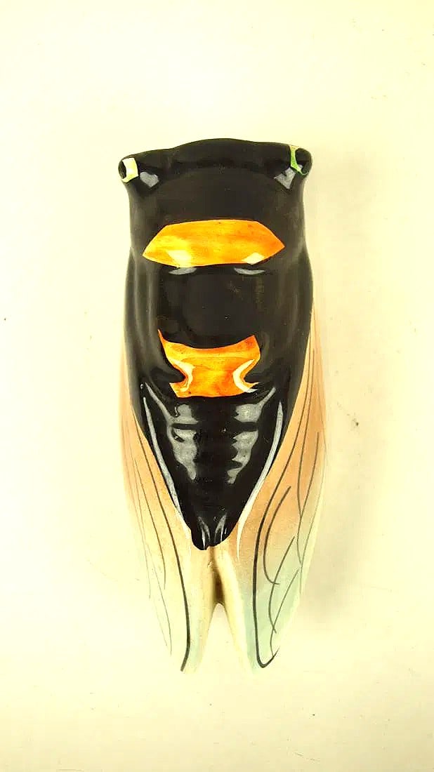 Vintage Majolica French Cicadid Figural Wall Pocket - 7 1/2": Excellent color. Very Good Condition. Cicadid Design. 7 1/2" in length. Stamped on the back: