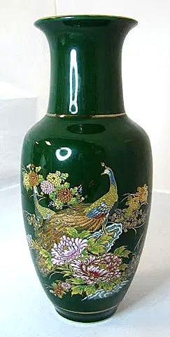 Antique Japanese Porcelain Vase with Peacock Design - 1950's: Beautiful deep green Japanese Vase. It features peacocks. No chips, cracks, or repairs. Measures: 10 1/2" tall.