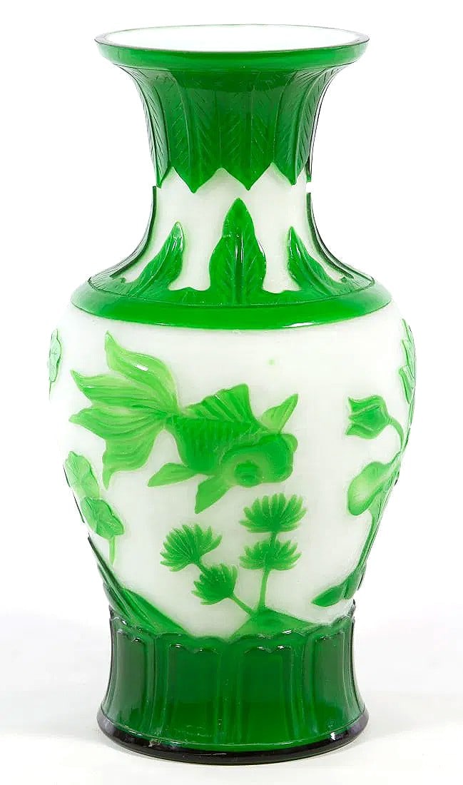 Peking Glass Vase Featuring Fantail Goldfish & Foliage: Striking Green and White Peking Glass VaseContemporary having a green overlay on white vase with fish and foliage motif. UnmarkedHeight: 11.00 inchesCategory: Decorative Arts > Asian