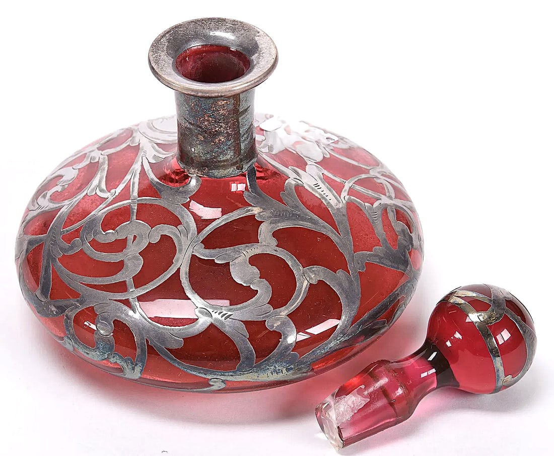 Vintage Cranberry Art Glass Cologne Bottle w/Sterling Overlay (1 of 5)
