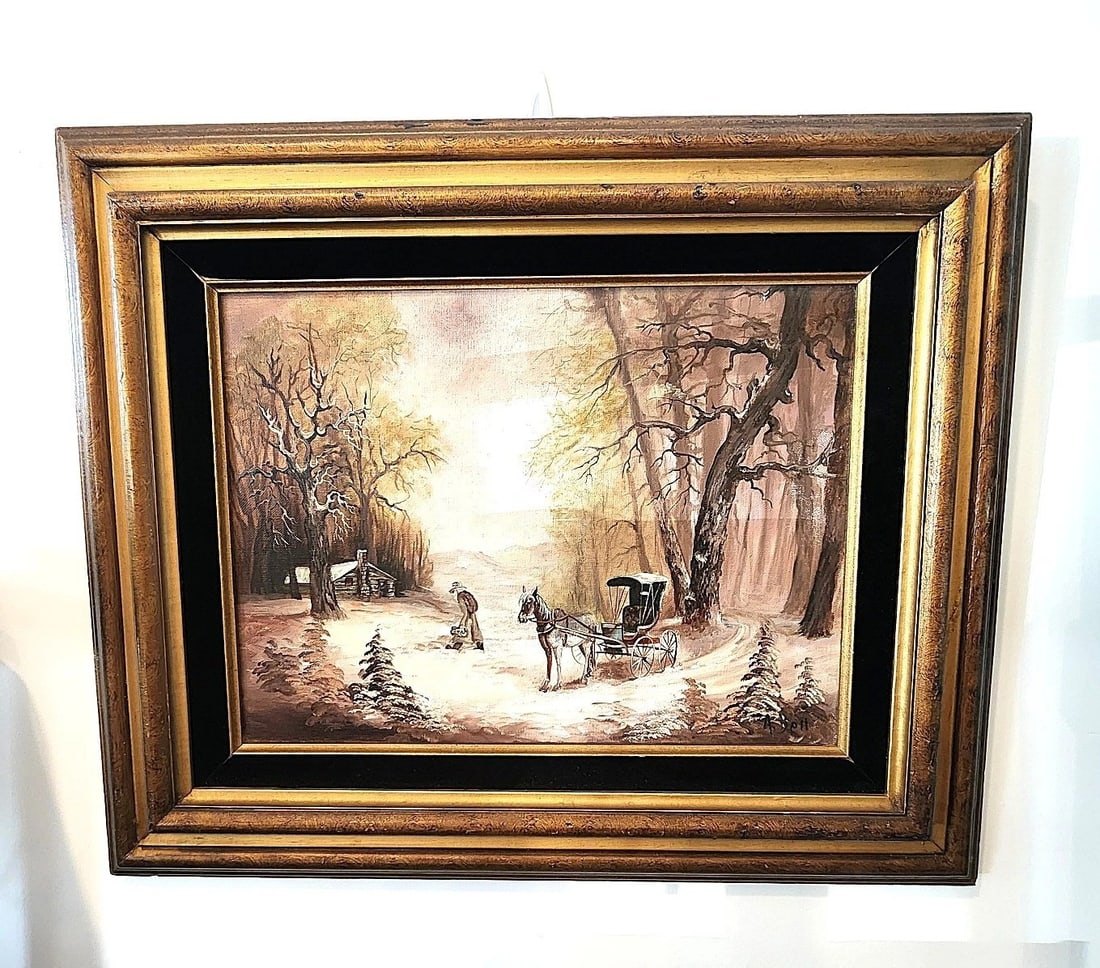 Original Canvas Painting by A. Bell - Country Doctor Scene/Framed: Oil on Canvas. Signed by the artist. This painting is a depiction of a country doctor making a rural house call. Featured is a cabin in the woods, the Doctor's Horse and Buggy, and the doctor figure t