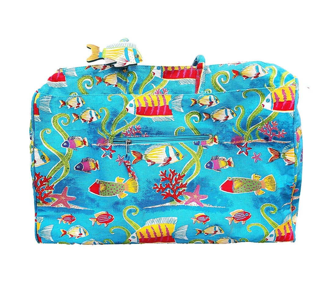 Cappelli Straworld. Inc Large Travel Tote - New w/out tags: Beautiful Turquoise Blue Featuring an underwater fish scene. The interior is water proof coated. One interior pocket with a zipper pocket and a cell phone pocket. This tote is 'over-sized. perfect for