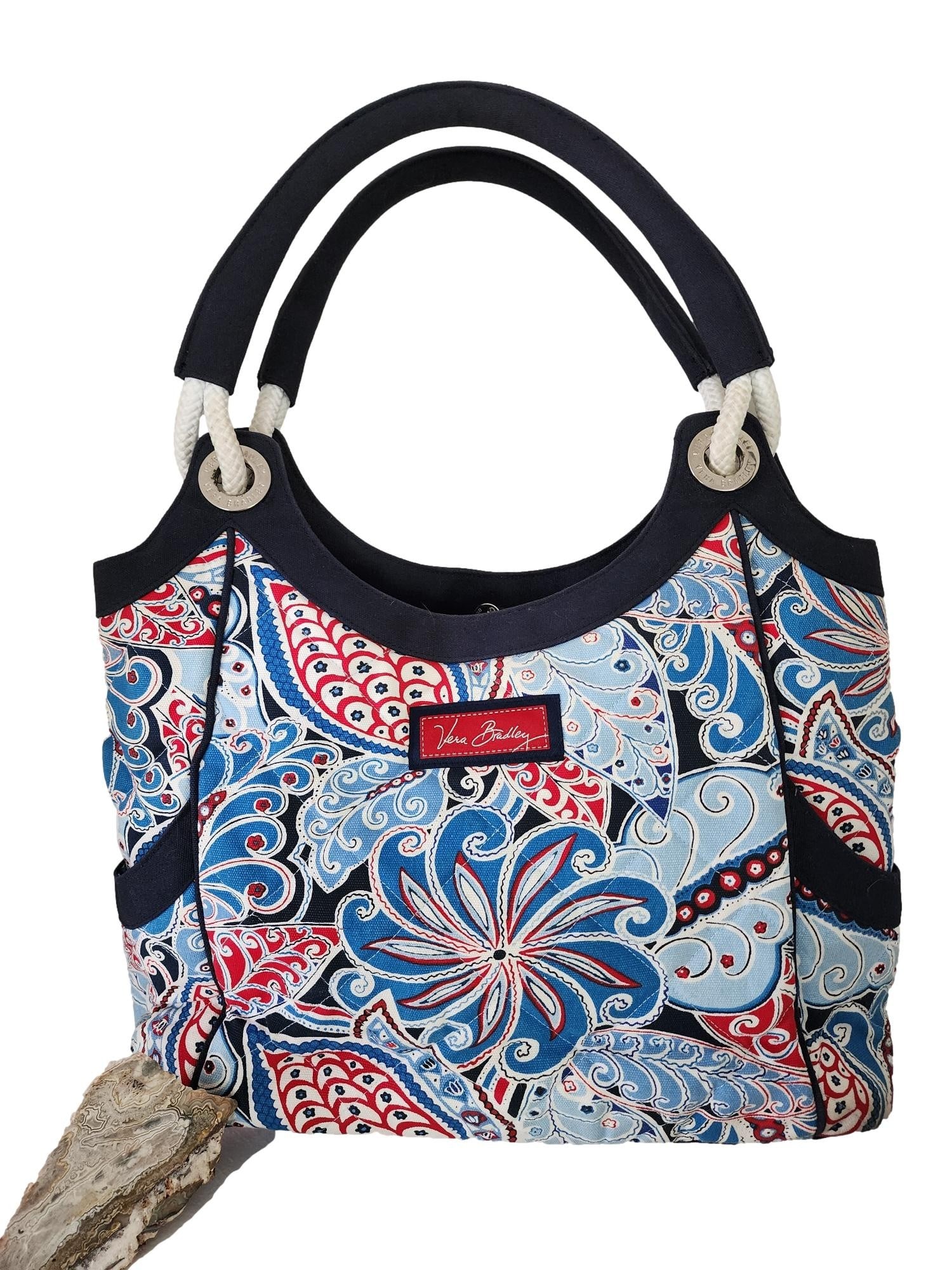 Large Vera Bradley Paisley Red/White/Blue Tote Bag - New: I love this bag. It's a perfect travel bag. Canvas with Canvas wrapped rope shoulder straps. The bag features two slip, side pockets. One zipper interior pocket and 2 slip pockets. Magnetic snap closu