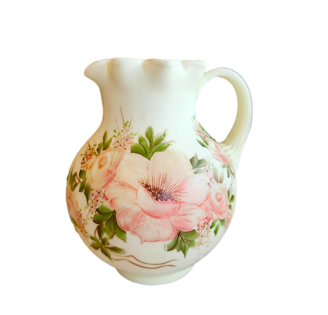 Vintage Pale Yellow Fenton-type Pitcher - Roses: Believed to be a Fenton-glass satin finish, but there is no stamp or sticker to confirm. Beautiful painted roses - front and back. The picture color is paler than the actual color. It is a pale yellow