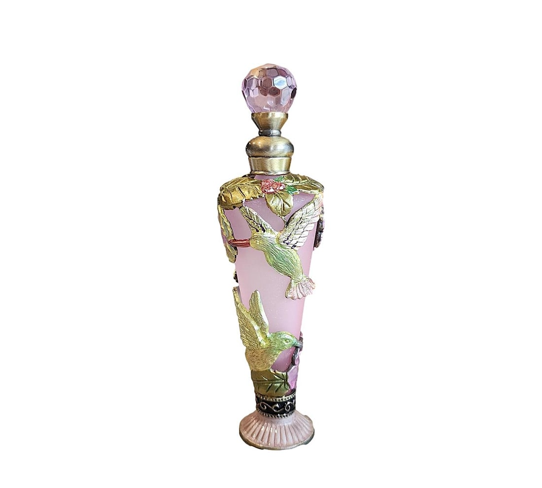 Vintage Enameled and Jeweled Art Glass Perfume Bottle featuring Hummingbirds (1 of 4)
