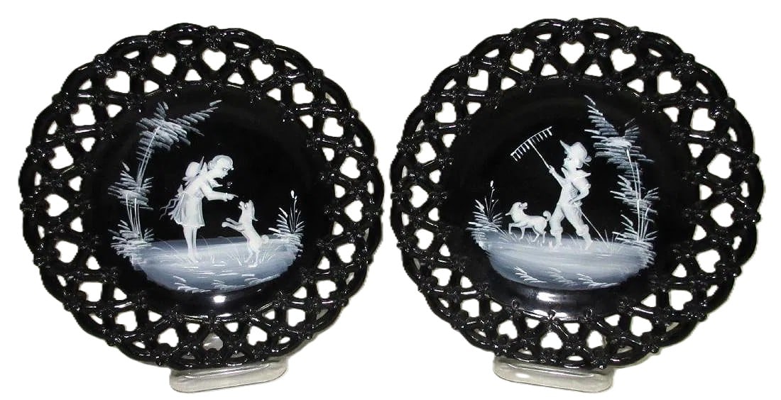 Vintage 2 Mary Gregory Westmoreland Collector Plates - Black: Private Collection. These plates would make a great addition to a collectors collection. No chips, cracks, or repairs. Measures: 8 1/2". They are black glass with open lattice rims and white enamel de
