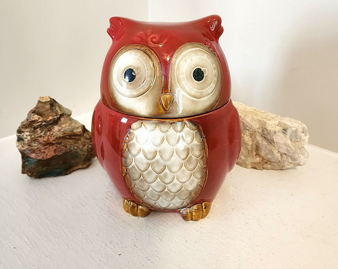 Vintage Gibson Home Owl Cookie Jar Canister: Collectible Cookie Jar. The lid is missing the rubber seal. Dishwasher safe. Red and Cream ceramics. Measurements: 8" x 6' x 6'.