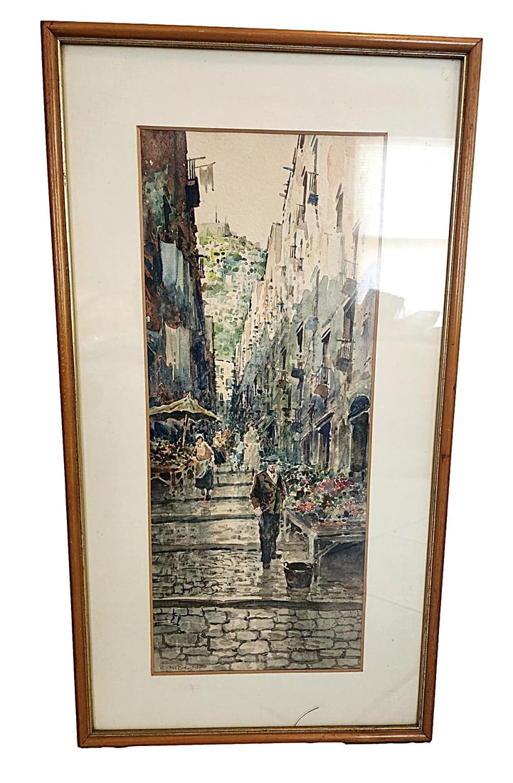 Watercolor of an Italian or European Flower Market - 20th Century: This watercolor is signed. It represents a classic mid-century Italian or or European Flower Market featuring cobblestone streets, carts and booths, pedestrians, and even clothes hanging outside of th