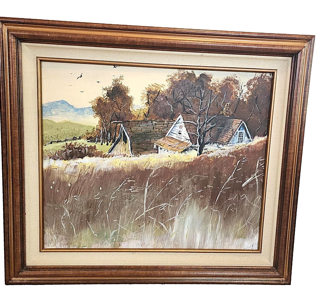 Framed Oil on Board - Landscape w/ Rustic Barn and Farm Scene: Private Collection. This painting features a serene country scene with country cottage and rustic barn with wheat fields in the forefront with green hills and birds in the background. This is oil on b