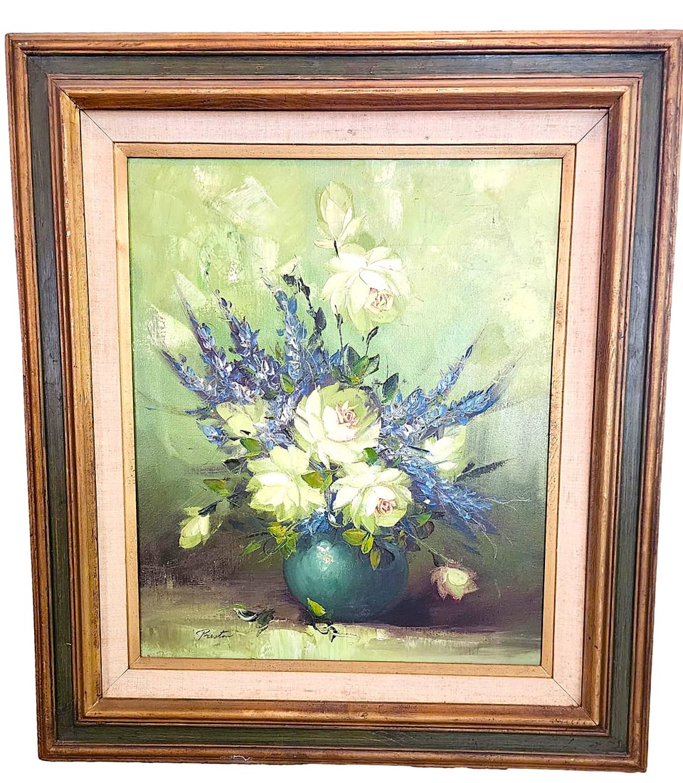 Original Oil on Canvas - Floral Bouquet in Green and Blue - Signed 'Preston': This beautiful floral painting features white roses and larkspur shoots in a blue/green round vase. Popular in the 1970's and 1980's. Still life. It is signed Preston - I found an artist known for his