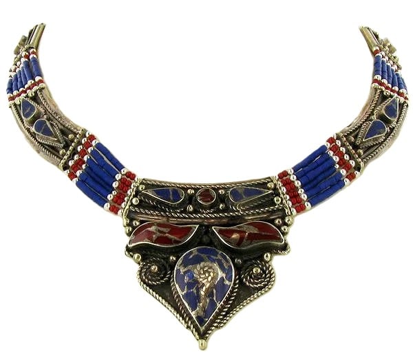 Heavy Tibetan Coral and Lapis Aztec Necklace in Sterling Silver - Handcrafted (1 of 1)