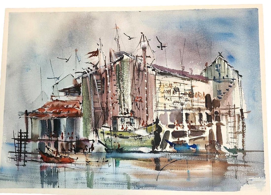Water Color on Paper - ' Asian Fish Cannery' by Richardson: I love this one. The colors are vibrant and the details are fantastic. It features Asian Fishing Boats at a Fish Cannery Facility. Measures: 20" x 14". Unframed.