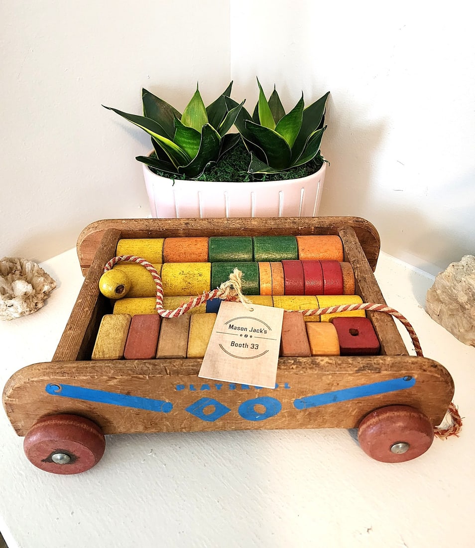 Vintage Playskool Wooden Pull Wagon - Blocks and Red Wheels - c. 1950/1960: Colorful Wooden Blocks assembled inside the wagon. The original pull string is still attached. The wheel are still red. This was a toddlers pull toy and this shows wear from previous use but is still 
