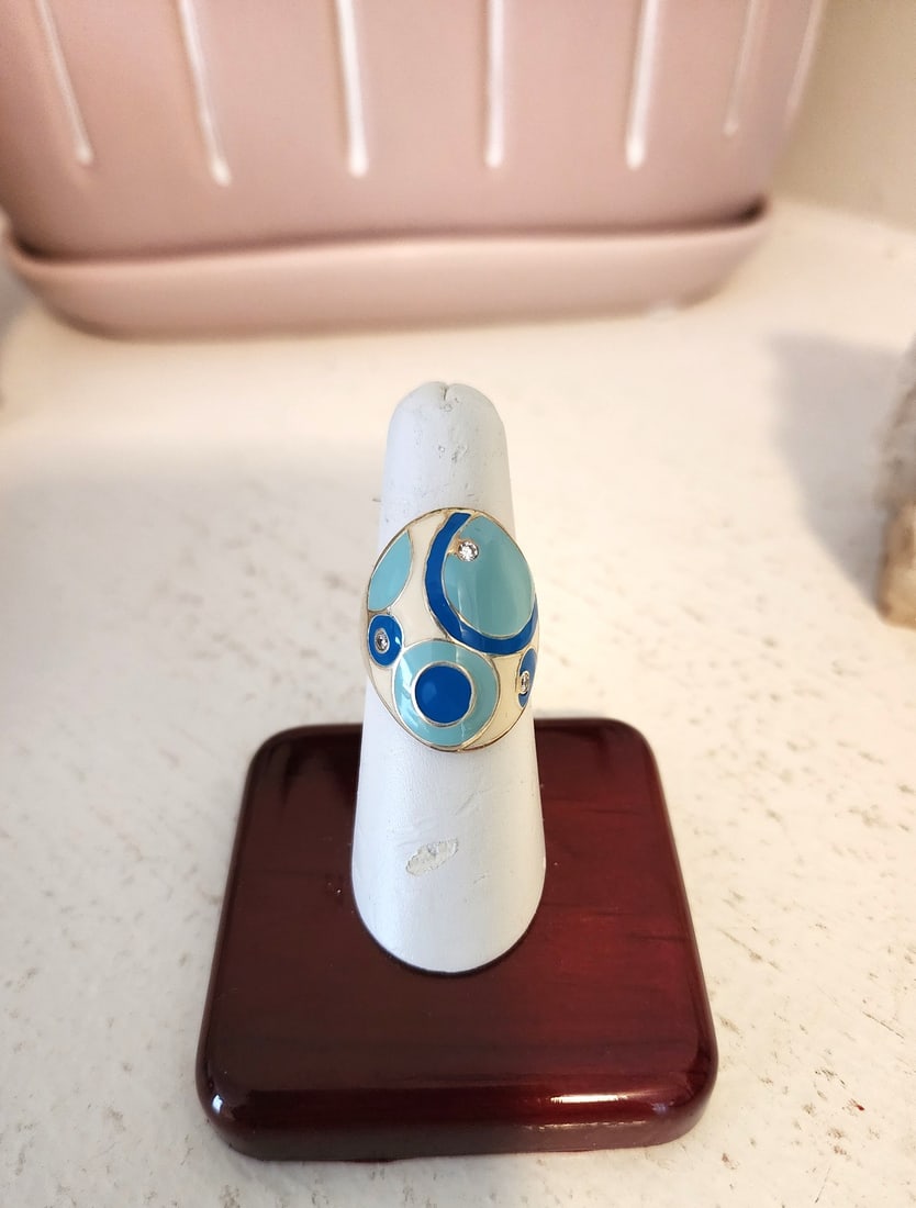 Vintage Sterling Silver and Enamel Boho Ring with Crystals: Very nice vintage ring - it has been in my collection for many years. Stamped 925. Size - 9. Weight - 8 grams
