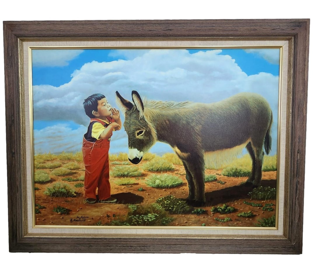 'Native American Boy with Donkey' - artist Jim Anderson - 11/750: The artist was inspired by his New Mexico surroundings. This piece was purchased in New Mexico at one of the Albuquerque Art Galleries. It is both whimsical and colorful! Framed and Signed by the arti