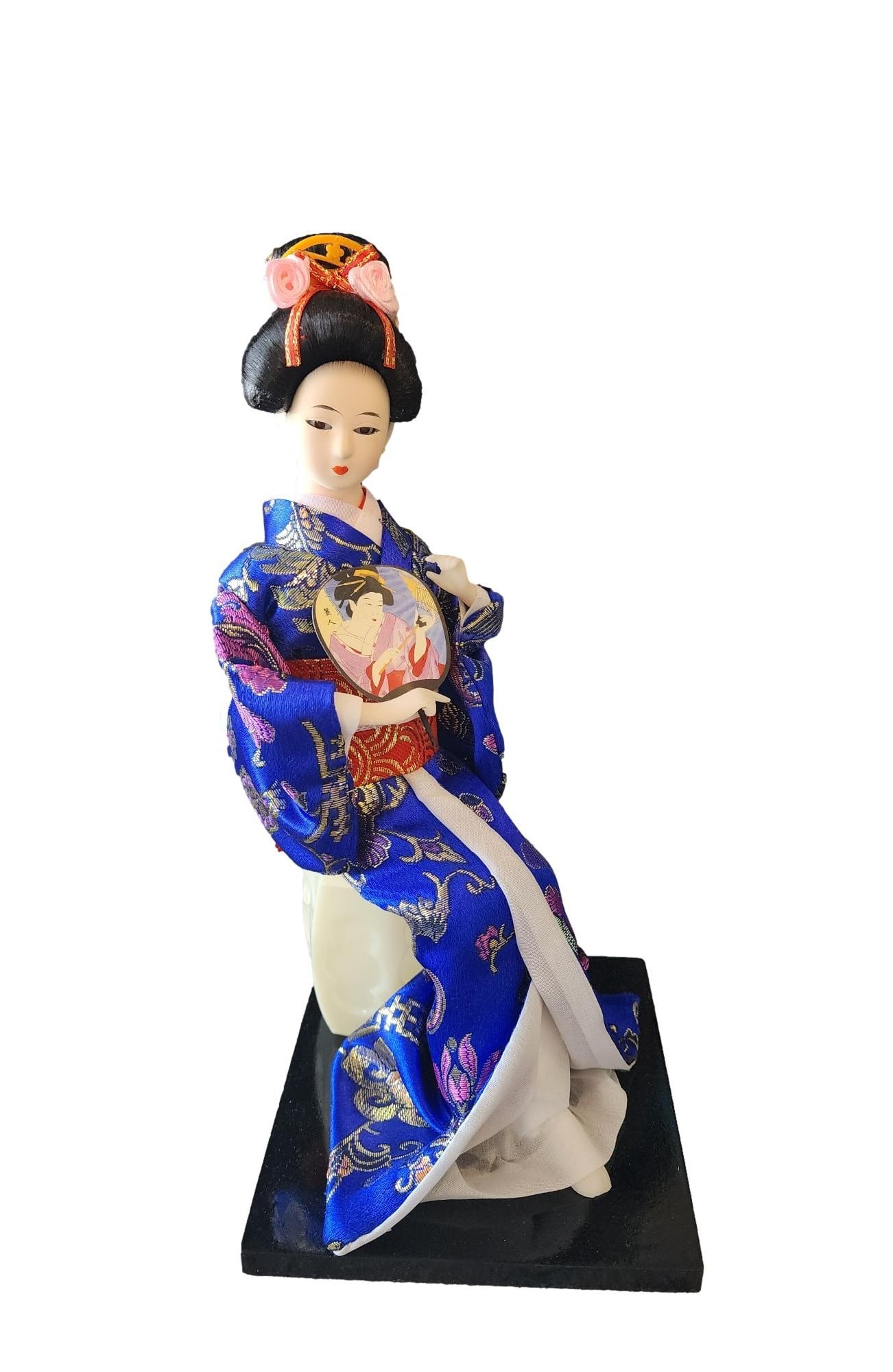 12" Tall Sitting Geisha Doll in Bright Blue Kimono by Risen Craftworks (1 of 2)
