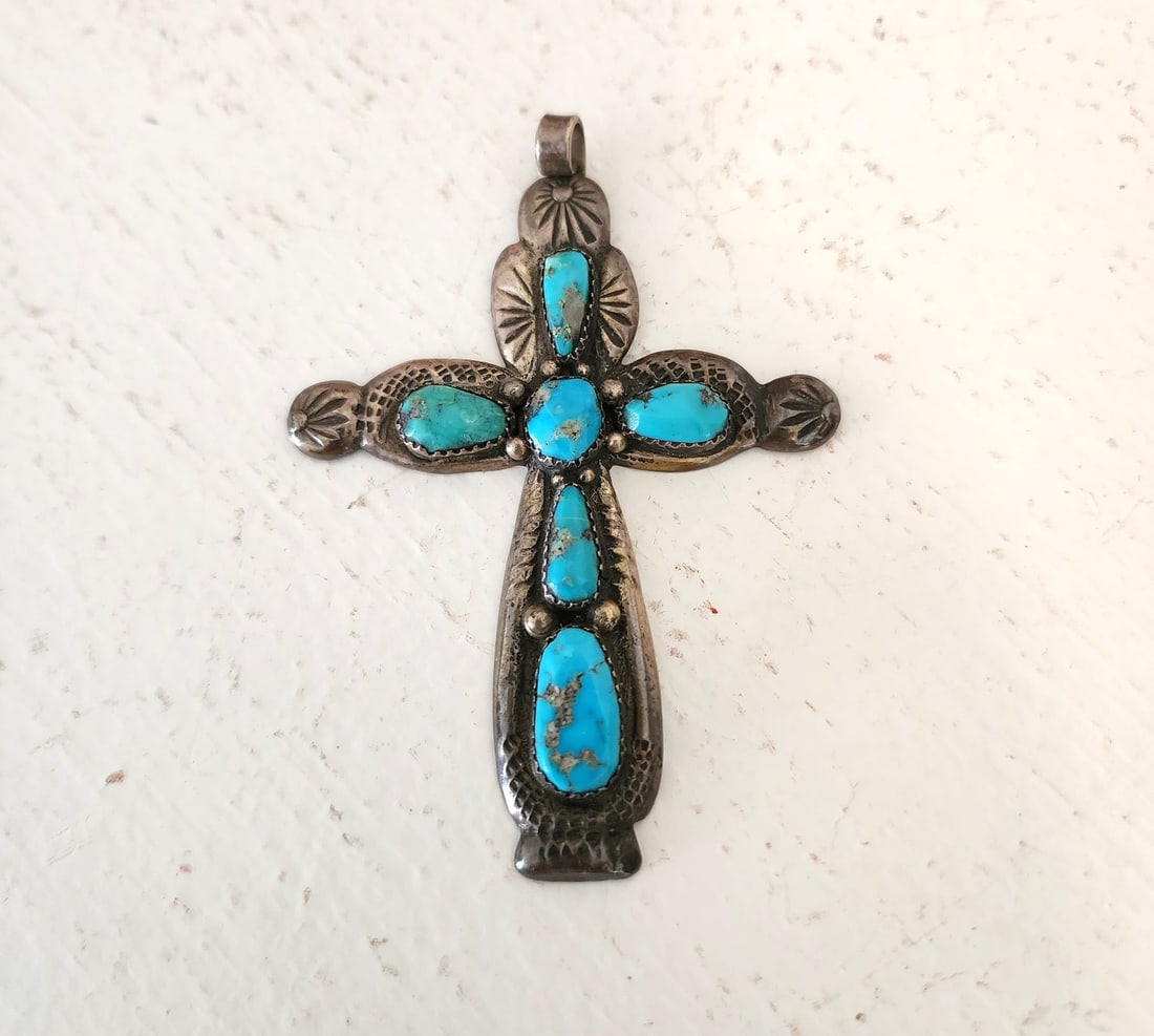 Vintage Native American Zuni Sterling Silver & Turquoise Cross Pendant (1 of 2)