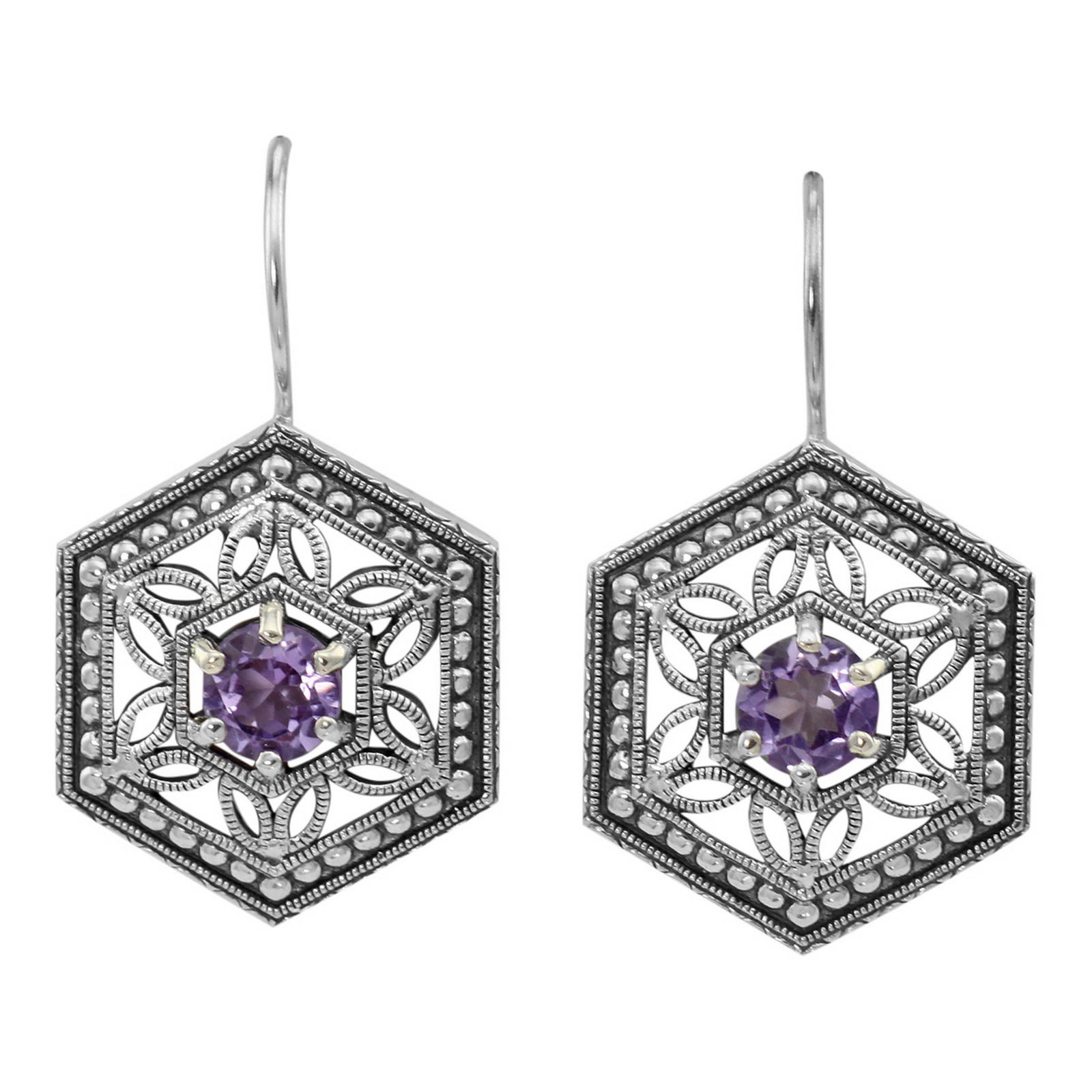 Art Deco Style Amethyst Filigree Earrings - Sterling Silver: These Sterling Silver Hexagonal Amethyst Filigree Earrings have a hanging length of 1in and measure.65in W. Filigree earrings are timelessin style and can be enjoyed, cherished and handed down as prec