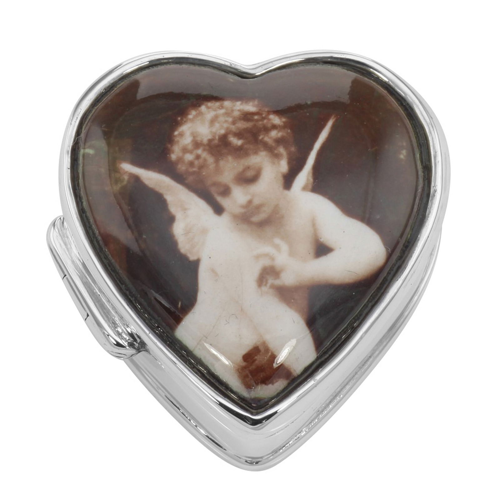 Sterling Silver Heart PillBox w/ Cherub Porcelain Top: Pill Box - Sterling silver / porcelain top heart shaped cherub pillbox weighs approx. 16.5. Please see our large selection of fine quality pill boxes. This item is new and a quality sterling silver an
