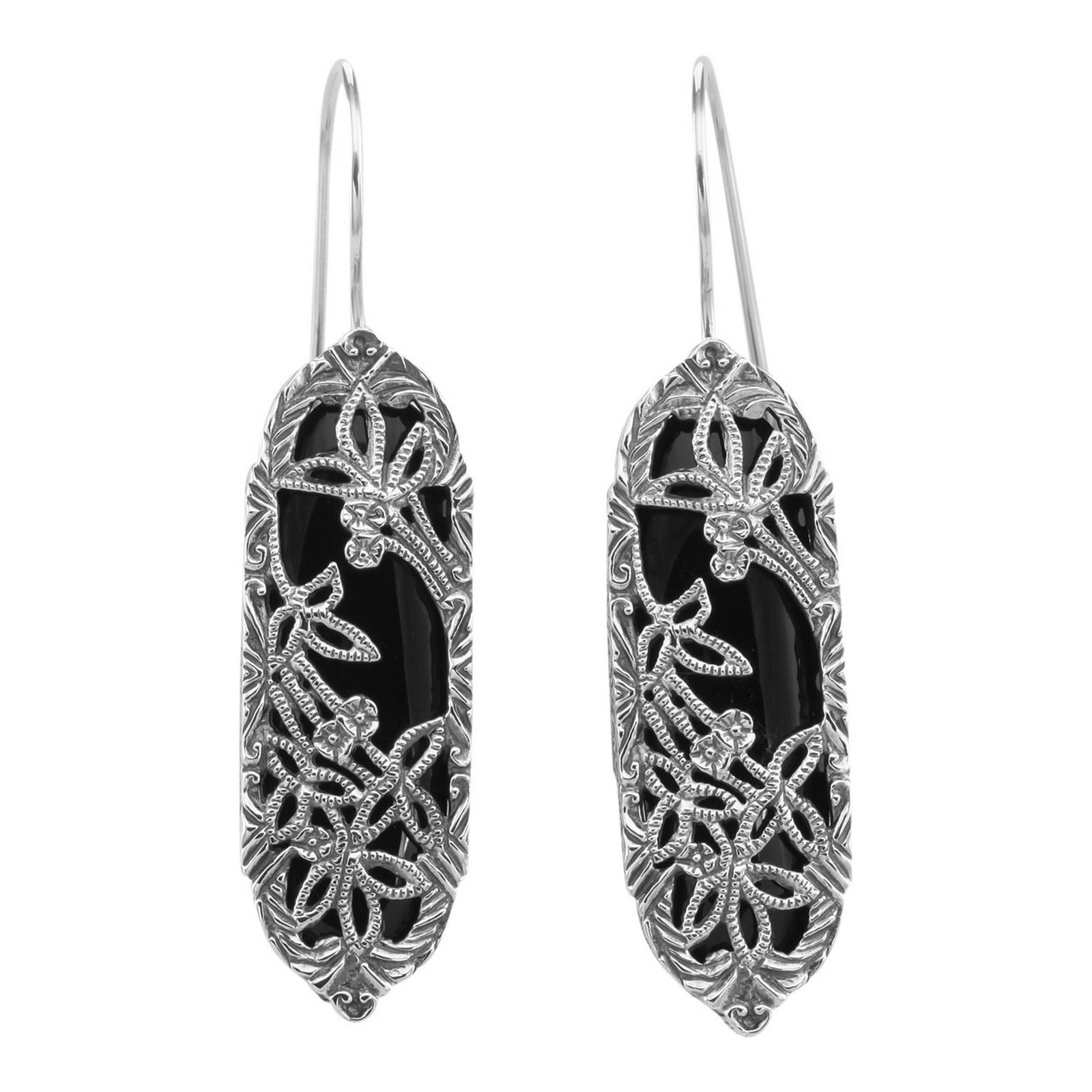 Antique Victorian Style Black Onyx Floral Filigree Earrings - Sterling Silver (1 of 2)