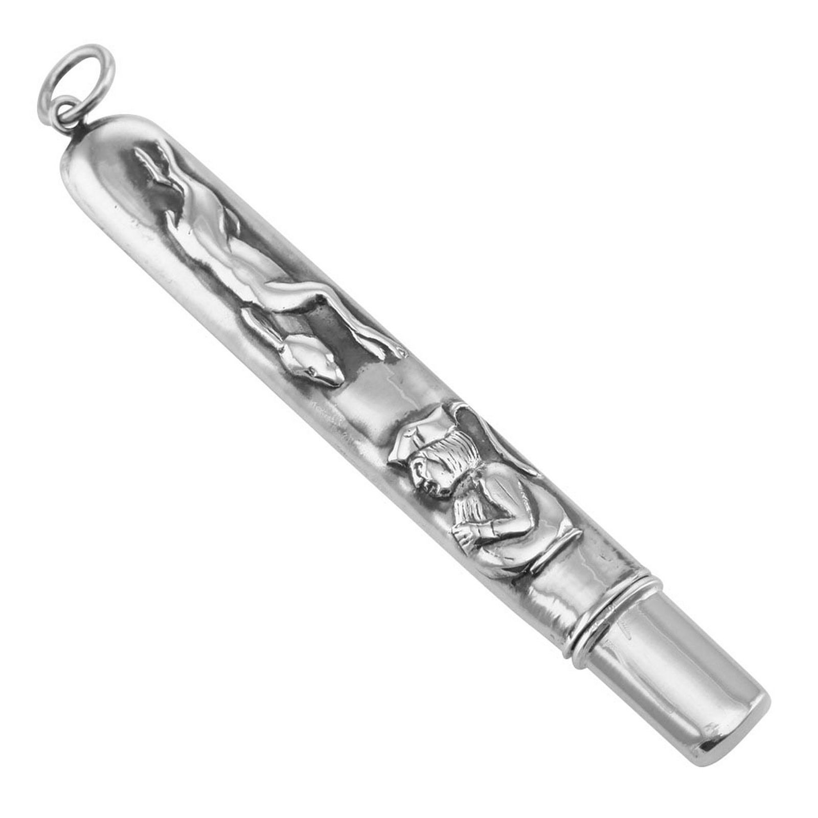 Needle Case - Needlecase - Sterling Silver: Needlecases : Sterling Silver Needle Case with Repousse Design of a uniformed man and a running animal - Please see all of our Sterling Silver Needle Cases. There is a jump ring attached, so you can w