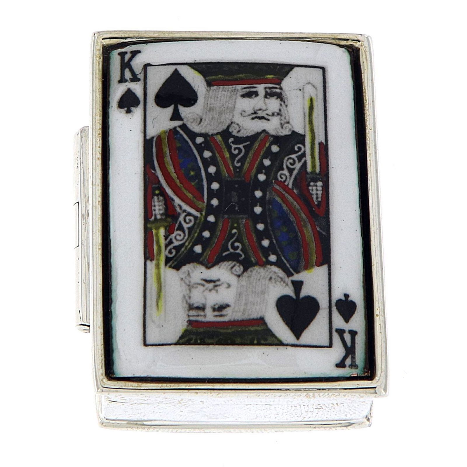 King of Spades Porcelain Top Rectangular Sterling Silver Pillbox: Pill Box - Sterling silver porcelain top King of Spades pillbox weighs approx. 25.4. It measures approx. 1 1/8in D x 1.50in W x.50in T. Porcelain topin the design of a classic King of Spades Playing C