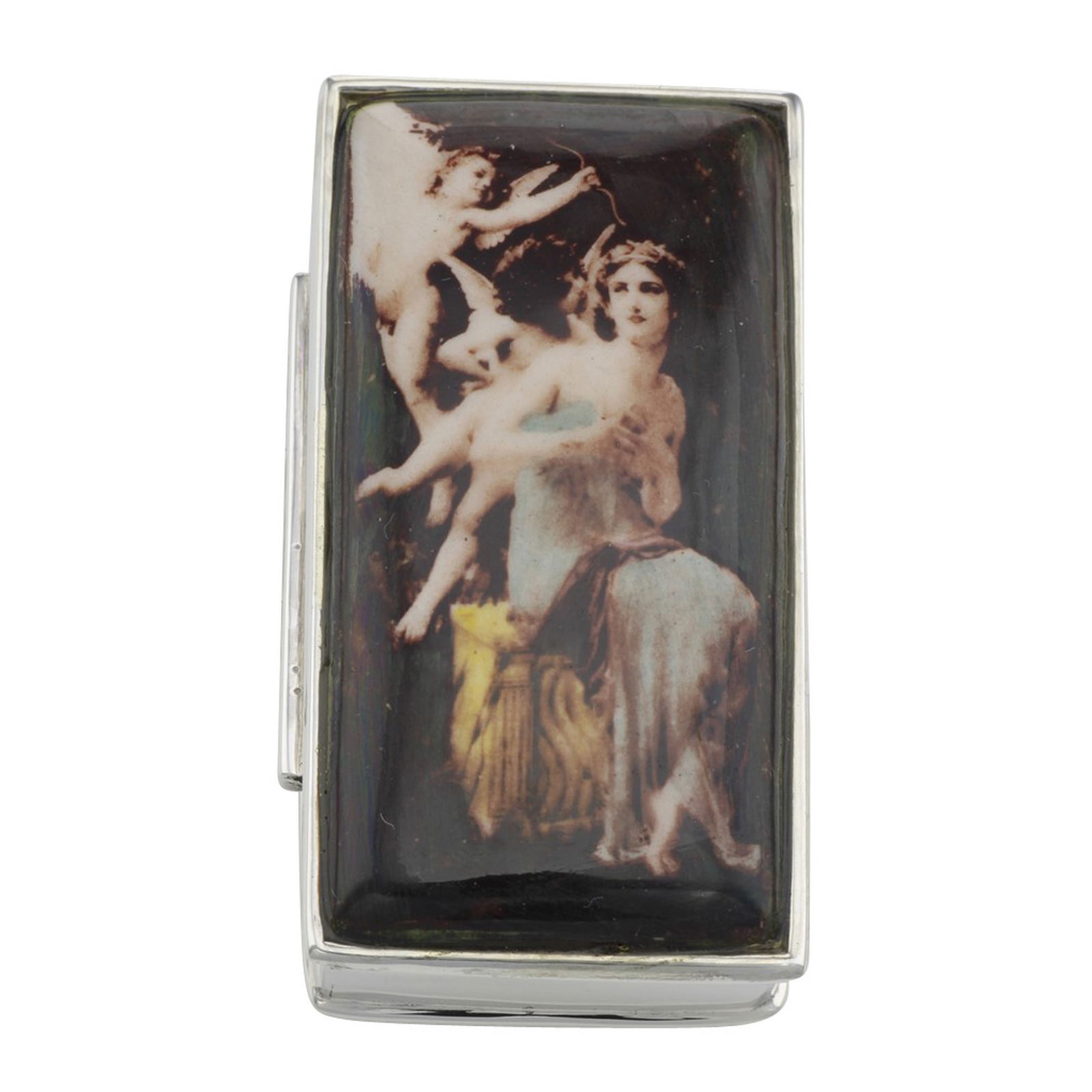 Antique Style Porcelain Top Angel Pill Boxin Fine Sterling Silver: This Sterling Silver / Porcelain Top Angel Pillbox measures approx.65 H x 2 1/8 W x 1 1/8 Dinin. This pill box weighs approx. 39.2. Please see our large selection of fine quality pillboxes. This item